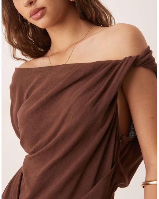 ASOS Natural Linen Blend Fallen Twisted Shoulder Wrap Skirt Detail Midi Dress