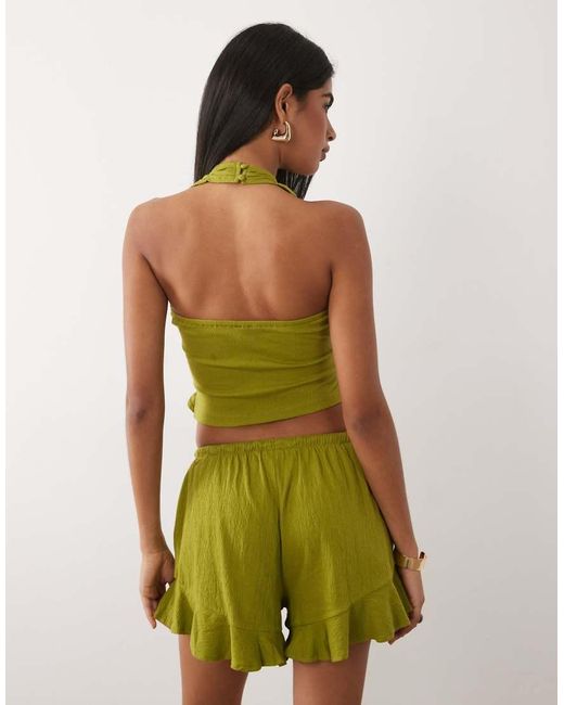 ASOS Green Mix And Match Cotton Crinkle Crossover Halter Neck Top