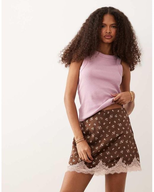 Abercrombie & Fitch Brown Lace Hem Satin Mini Skort
