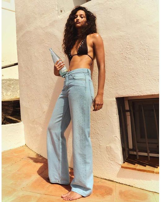 Bershka Blue High-waist Shimmery Straight-leg Jeans