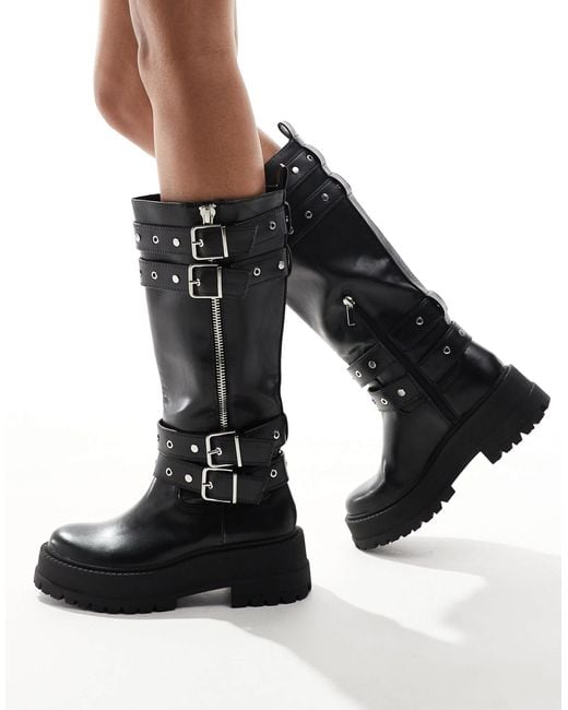 Stradivarius Buckle Detail Chunky Flat Knee High Boot In Black Lyst stradivarius-buckle-detail-chunky-flat-knee-high-boot-in-black-lyst