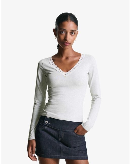Bershka White – weiches, langärmliges t-shirt aus spitze