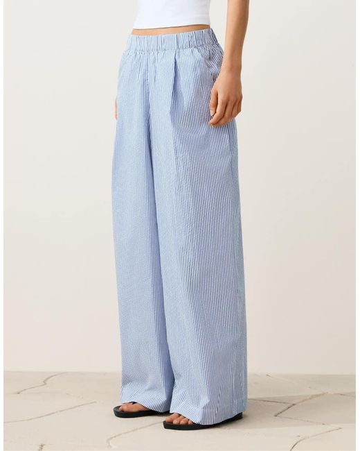 Oysho Blue Wide-leg Cotton Blend Striped Trousers