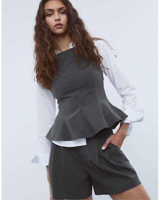 Stradivarius Gray Striped Sleeveless Peplum Top