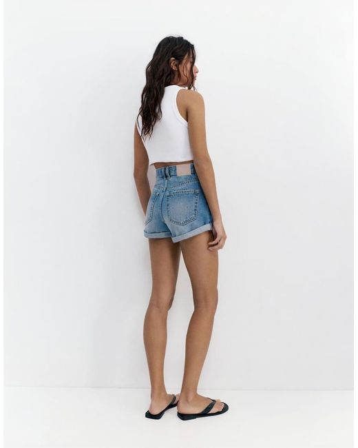 Pull&Bear Blue Mom Fit Denim Shorts With Turn-up Hems
