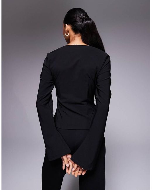 Princess Polly Black Flounce Square Neck Flare Sleeve Metal Buckle Detail Top