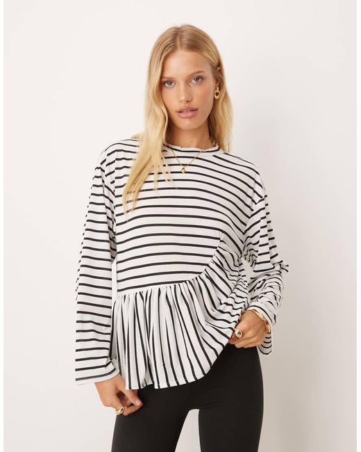 ASOS Gestreept T-Shirt Met Lange Mouwen En Gerimpeld Detail in het White