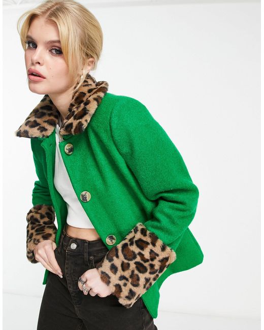 ONLY Green Tailored Jacket With Leopard Faux Fur Cuffs