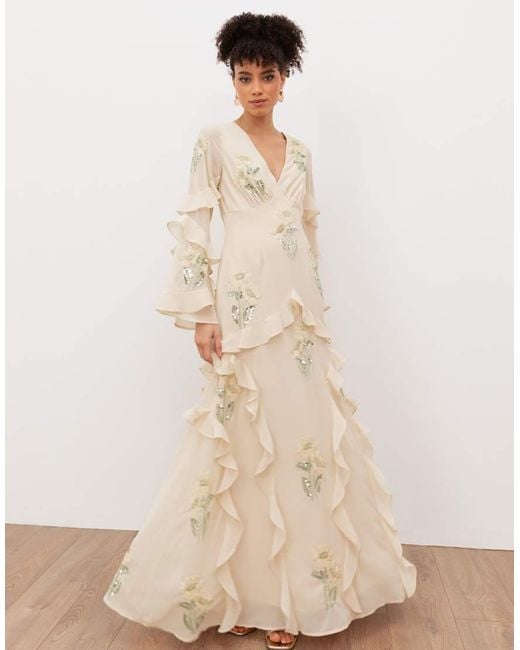 Maya Natural Embellished Long Sleeve Ruffle Maxi Dress