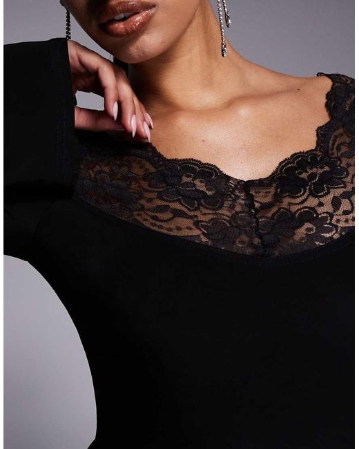 Fashionkilla Black Exclusive Slinky Lace Trim Bardot Flare Sleeve Maxi Dress