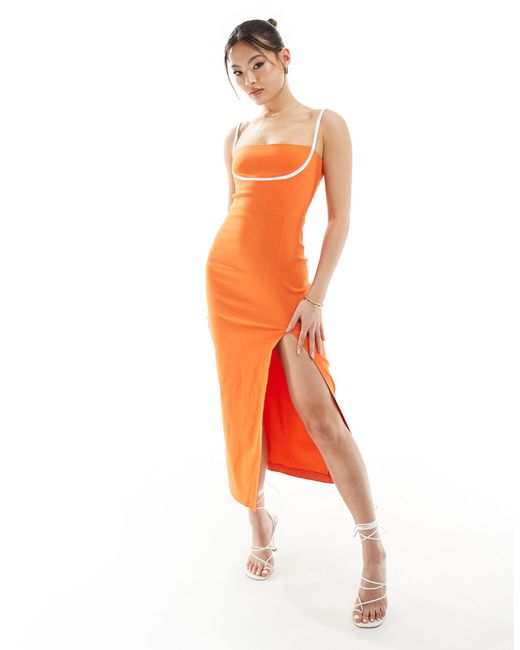 Vesper Orange Contrast Strap Detail Thigh Spilt Midi Dress