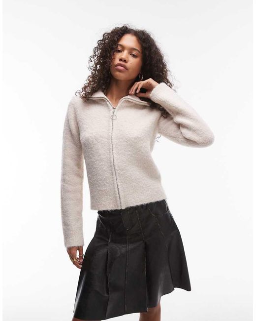TOPSHOP White Knitted Fluffy Boucle Zip Through Cardigan