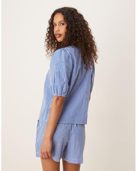 Vila Blue Short Sleeve Tie Front Gingham Check Poplin Top Co-ord