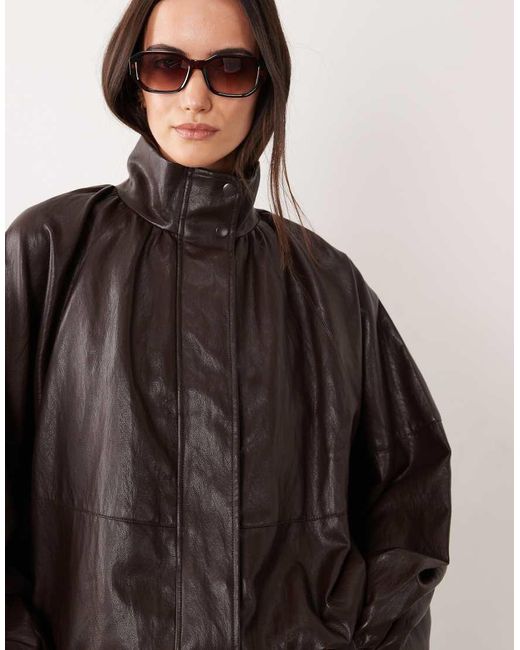 Jdy Brown Funnel Neck Faux Leather Bomber Jacket