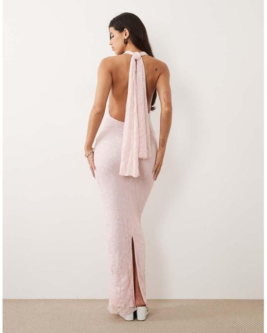 ASOS Pink Lace Twist Bust Halter Open Back Maxi Dress