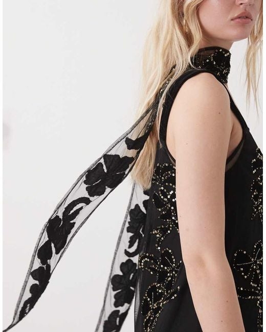 Reclaimed Vintage Black Limited Edition Floral Embroidered Sequin Mini Shift Dress With Scarf