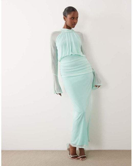 DASKA Green Mesh Drape Long Sleeve High Neck Maxi Dress