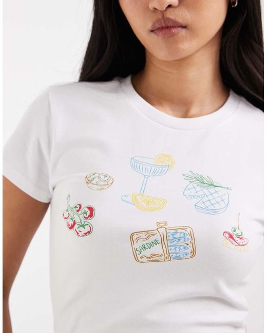 ONLY White Fitted T-shirt With Dinner Print