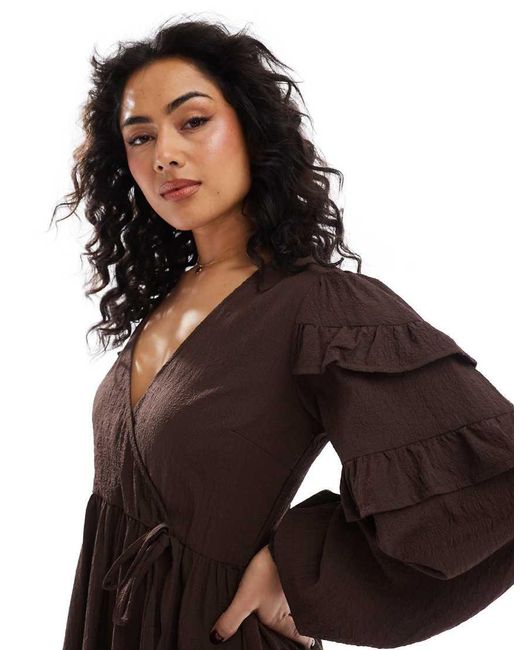 Wednesday's Girl Brown Ruffle Sleeve Midi Smock Dress