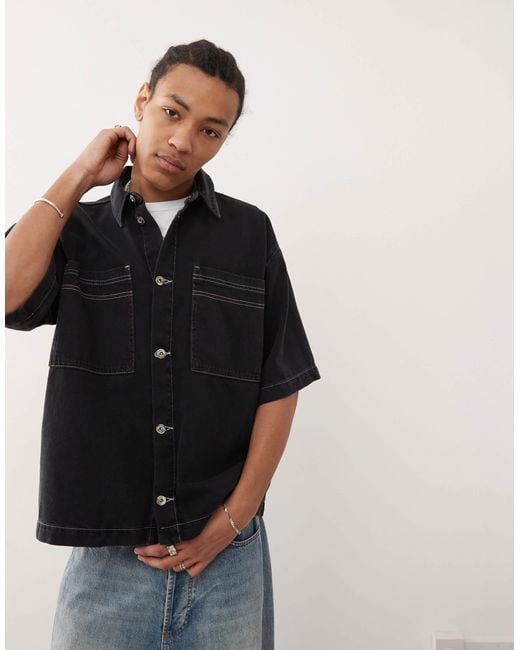 Chemise en denim coupe carrée à coutures apparentes Collusion pour homme en coloris Black
