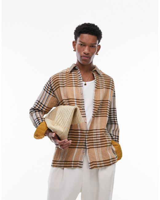 Topman Natural Long Sleeve Relaxed Textured Checked Shirt for men