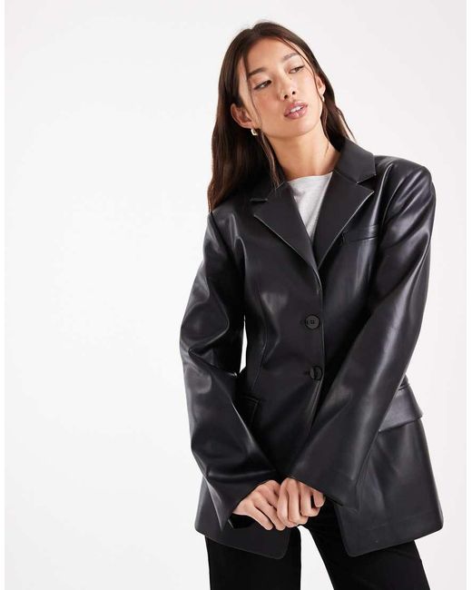 ASOS Black Faux Leather Sculpted Cinch Waist Blazer