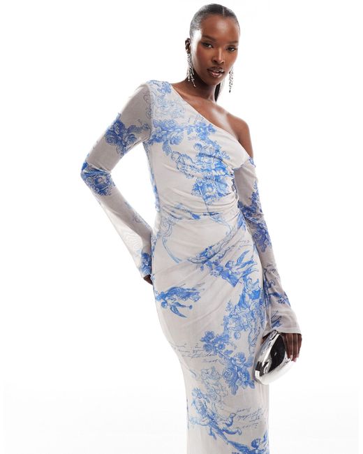 ASOS Blue Mesh Long Sleeve Ruched Midi Dress