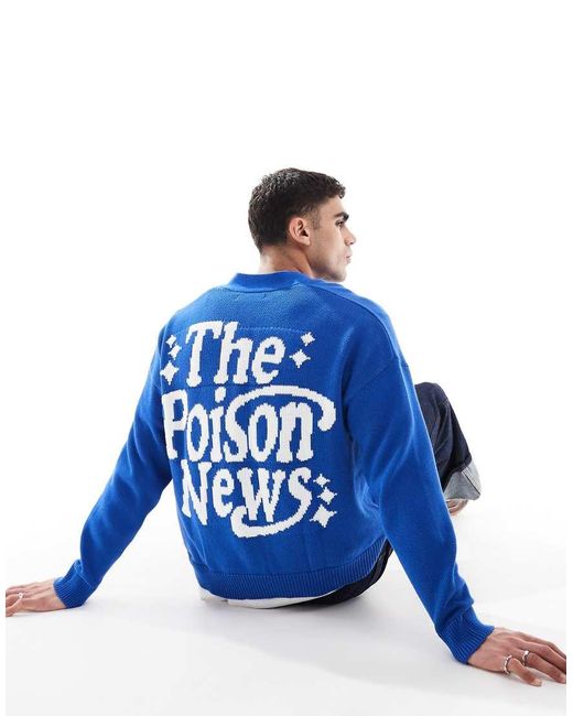 Pull&Bear Blue Knitted Back Graphic Cardigan for men