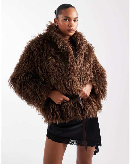 laagam Brown Shearling Reversible Wrap Coat