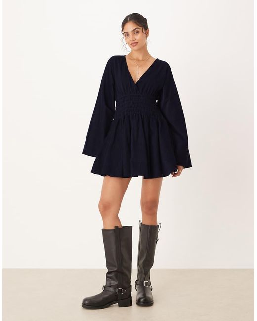 ASOS Blue Cord V Neck Mini Dress With Shirred Waist