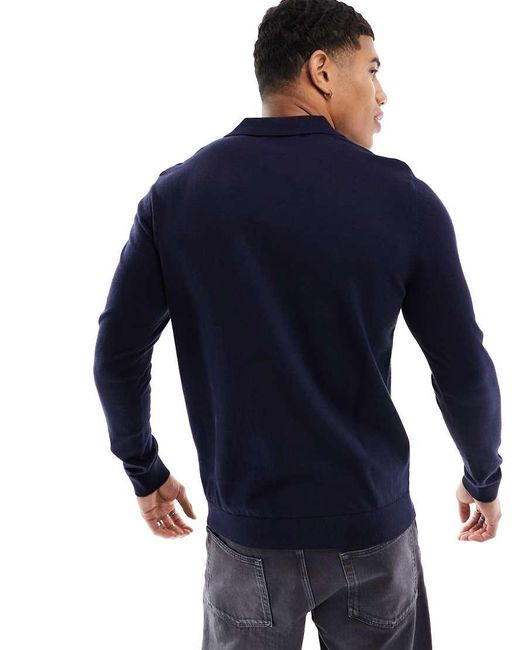 SELECTED Blue Knitted Long Sleeve Polo for men