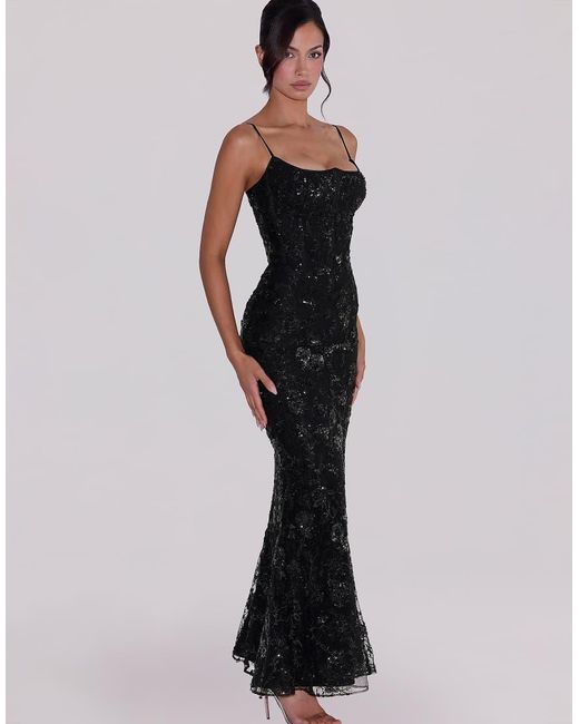 House Of Cb Black Naima Hand Beaded Embellished Corset Maxi Dress