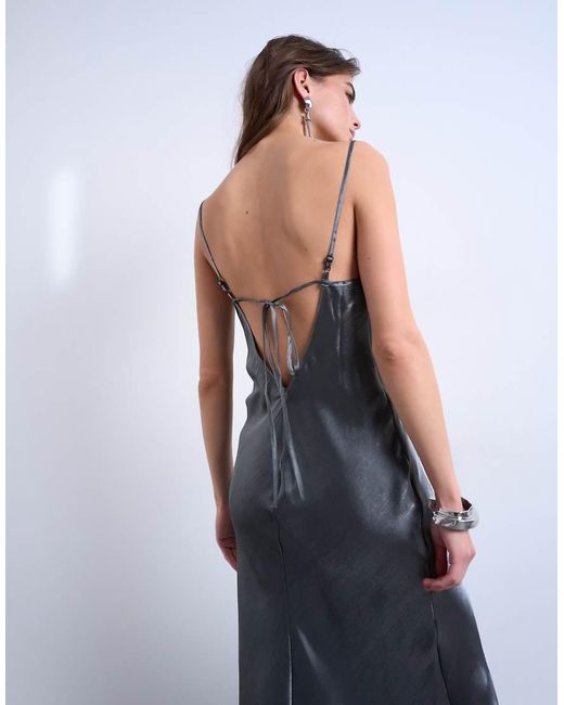 TOPSHOP Blue Halter Tie Neck Liquid Metallic Maxi Slip Dress