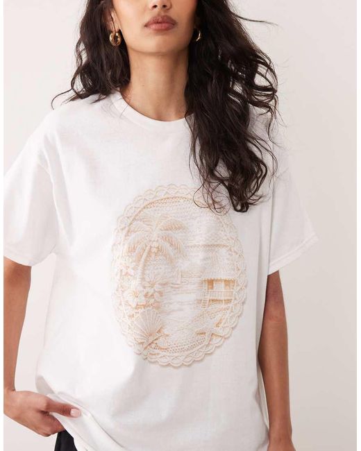 Miss Selfridge White Oversized T-shirt With Crochet Beach Print