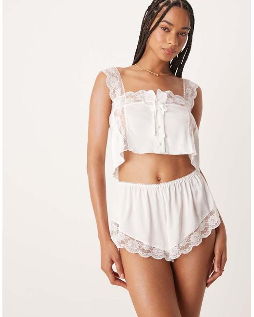 KAT THE LABEL White Arabella Satin Lace Trim Shorts