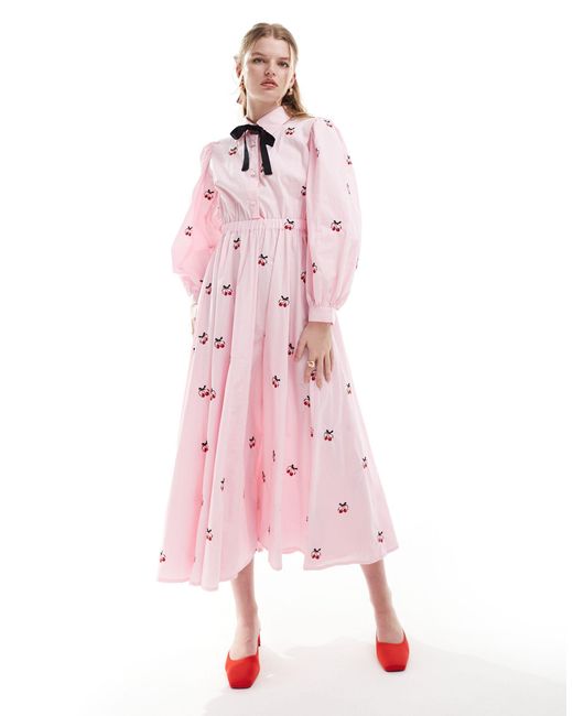 Sister Jane Pink Cherry Embroidered Bow Midi Dress
