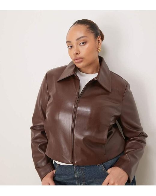 ASOS Brown Curve Tailored Faux Leather Zip Front Cropped Blazer