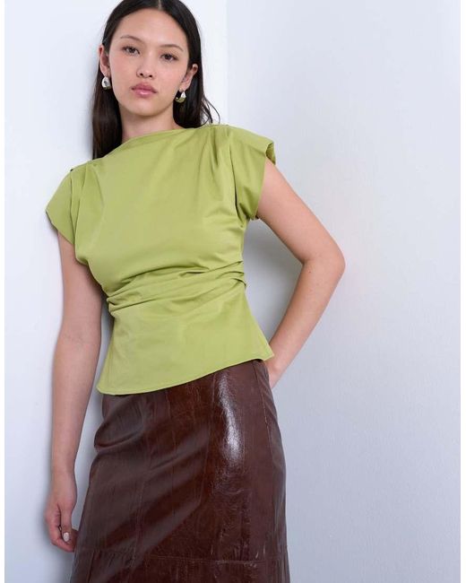 TOPSHOP Green Cinch Waist Ruched Top