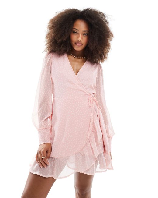Wednesday's Girl Pink Smudge Spot Ruffle Wrap Mini Dress