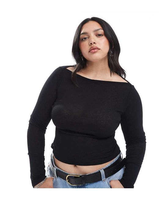 ASOS Black Asos Design Curve Textured Mesh Slash Neck Long Sleeve Top