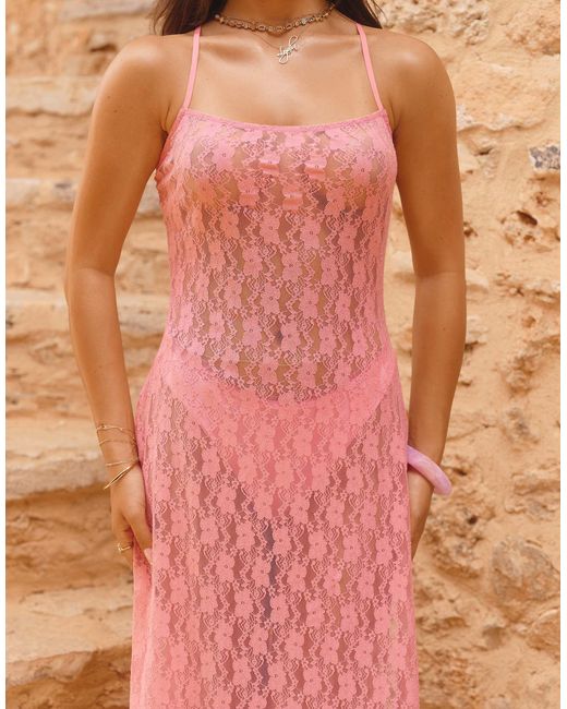 The Frolic Brown X Lydia Kara Exclusive Lace Square Neck Thigh Split Maxi Beach Dress