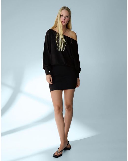 Bershka Black Ribbed Asymmetric Mini Dress