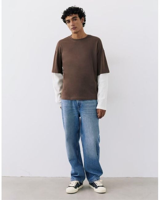 Pull&Bear Brown Double Long Sleeve T-shirt for men