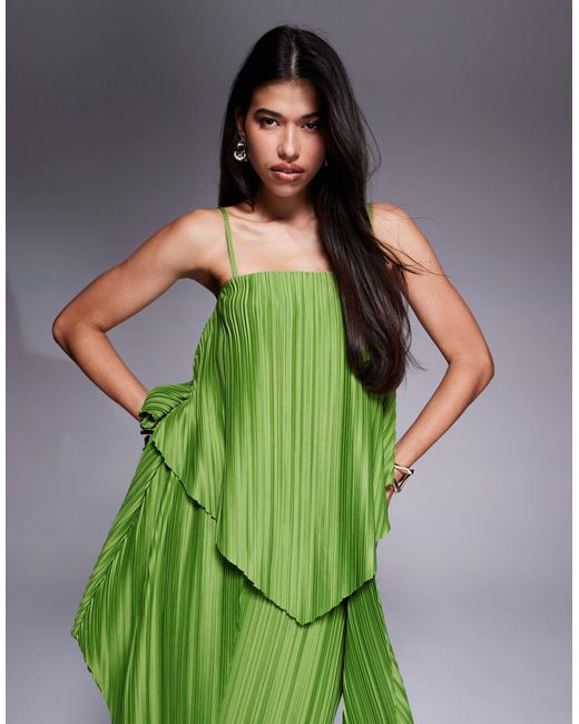 ASOS Green Premium Square Neck Plisse Double Layer Maxi Dress With Full Hem