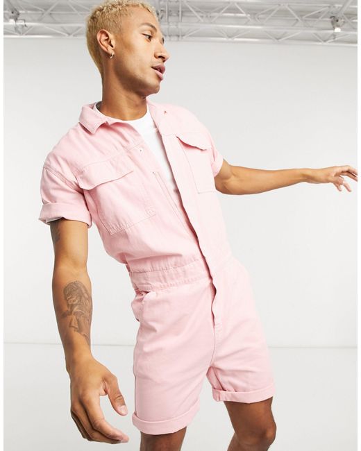 ASOS Pink Denim Short Boilersuit for men