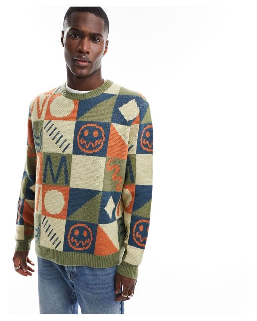 ASOS Blue Oversized Brushed Knitted Jumper With All Over Print for men