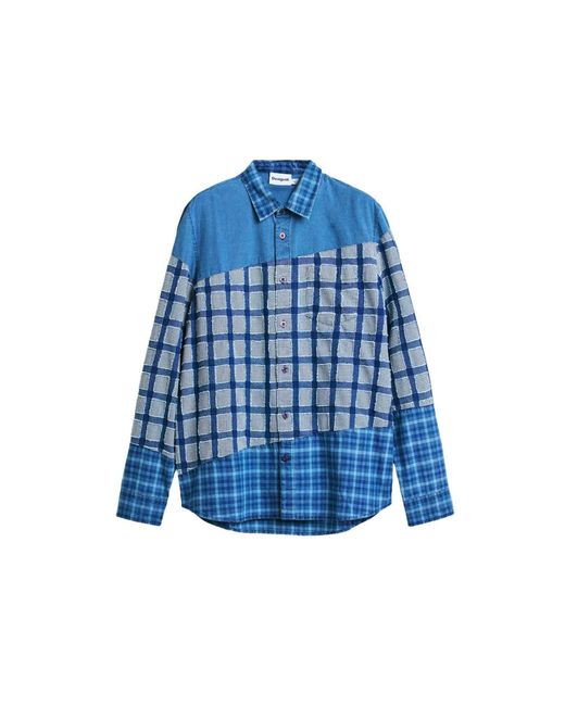 Desigual – kariertes patchwork-hemd in Blue für Herren