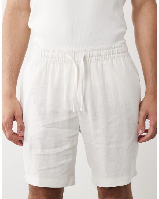 Threadbare White Linen Mix Drawstring Waist Shorts for men