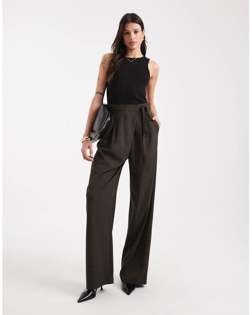ASOS Brown Asos Design Tall Tailored Wide Leg Pants With Wrap Tie Detail