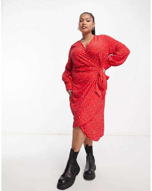 Glamorous Curve Long Sleeve Fitted Wrap Dress in Red | Lyst Australia